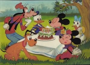 3D Ansichtskarte / Postkarte Micky Mouse Party, Minnie, Daisy und Donald, Pluto, Goofy