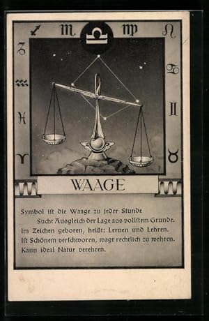 Bild des Verkufers fr Ansichtskarte Sternzeichen Waage, 23. September bis 23. Oktober, Eigenschaften von Waagemenschen im Gedicht zum Verkauf von Bartko-Reher