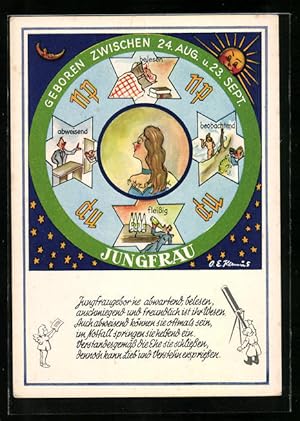 Seller image for Knstler-Ansichtskarte Jungfraugebor`ne abwartend belesen., Sternzeichen, Horoskop, Astrologie for sale by Bartko-Reher