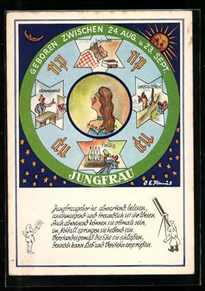 Image du vendeur pour Knstler-Ansichtskarte Jungfraugebor`ne abwartend belesen., Sternzeichen, Horoskop, Astrologie mis en vente par Bartko-Reher