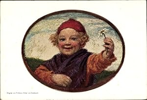 Ganzsache Künstler Ansichtskarte / Postkarte von Zumbusch, Ludwig, Kind mit Blume