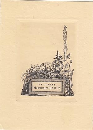Seller image for Ex-Libris Marguerite Hantz. Spinnrad und Schale auf Sockel, daneben Blumen und Stundenglas, dahinter Berge und Wolken. for sale by Antiquariat  Braun
