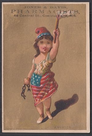 Bild des Verkufers fr Jones & Davis Pharmacists Central Falls RI trade card 1880s Girl Miss Liberty zum Verkauf von The Jumping Frog