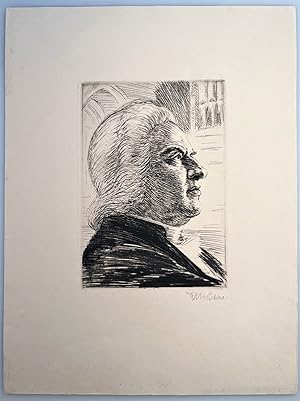 Portrait, Porträt, Halbfigur, Brustbild im Profil. Radierung von Karl Bauer mit Bleistift signiert.