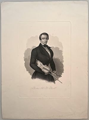 Portrait, Porträt, Brustbild, Halbfigur nach rechts mit Geige auf dem linken Arm lieged. Stahlsti...