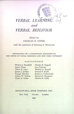 Seller image for Verbal Learning and Verbal Behavior; McGraw-Hill Series in Psychology; for sale by books4less (Versandantiquariat Petra Gros GmbH & Co. KG)