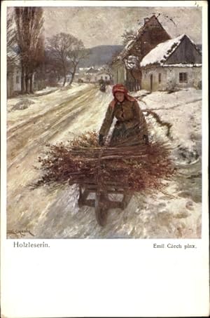 Künstler Ansichtskarte / Postkarte Czech, Emil, Holzleserin, Winter, Brennholz, BKWI 1111