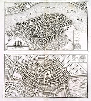 DORDRACUM / BRIELA. 2 birds-eye views/plans of Dordrecht and Brielle in Holland, one above th...