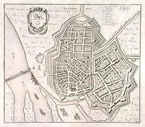 ZUTPHANIA. Birds-eye view/plan of Zutphen in Holland with the fortifications. Engraved by Meria...