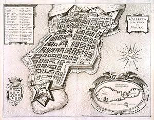 Image du vendeur pour 'VALLETTA CITTA NOVA DI MALTA'. Half birds-eye view of Valletta with title cartouche, table of explanations, large cartouche with map of Malta and Gozo, compass rose with inset map of Italy and coat of arms. Engraved by Merian and published by mis en vente par Garwood & Voigt