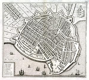 ENCKHUYSEN. Birds-eye view/plan of Enkhuizen in Holland with the fortifications and sailing ships.