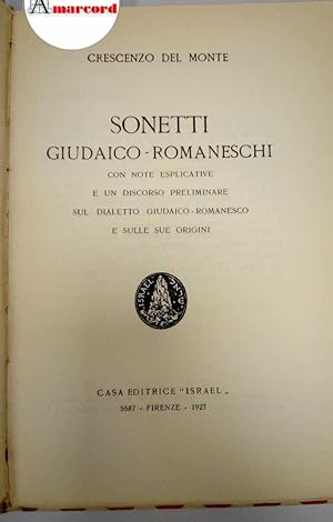 Seller image for Del Monte Crescenzo, Sonetti giudaico-romaneschi, Israel, 1927 - I. for sale by Amarcord libri