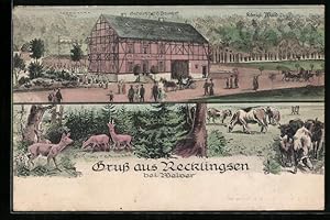 Künstler-Ansichtskarte Recklingsen bei Melver, Gasthaus H. Braukhoff und königlicher Wald, Weiden...