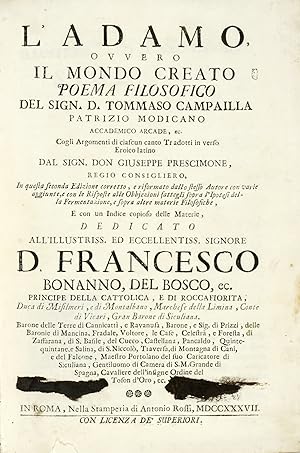 L'Adamo ovvero il Mondo Creato. Poema Filosofico.Tradotti in verso Eroico latino dal Sign. Don Gi...