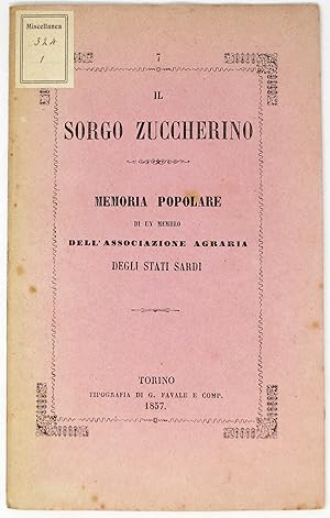 SORGO (IL) zuccherino. Memoria popolare di un membro dell'Associazione Agraria degli Stati Sardi.