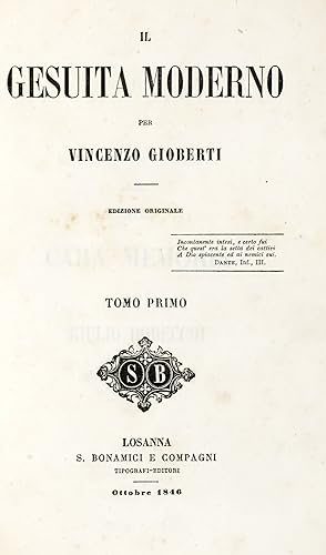 Immagine del venditore per Il Gesuita moderno per Vincenzo Gioberti. Edizione originale. venduto da Libreria Antiquaria Gonnelli