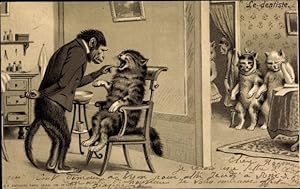 Präge Litho Le dentiste, Affe als Zahnarzt, Hauskatzen, vermenschlichte Tiere, Schimpanse