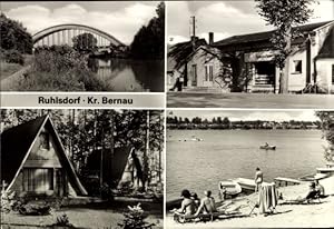 Seller image for Ansichtskarte / Postkarte Ruhlsdorf Marienwerder Barnim, Kanal mit Eisenbahnbrcke, Kaufhalle, Bungalowsiedlung, Kiessee for sale by akpool GmbH