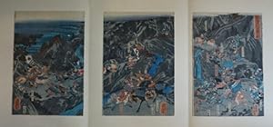 Bild des Verkufers fr Dreiteiliger Farbholzschnitt auf Reispapier. (Gefecht in einer Gebirgsschlucht bei abnehmendem Mond). Je 36,5 x 24,5 cm. zum Verkauf von Antiquariat am St. Vith