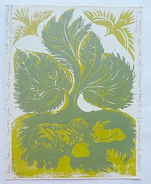 Seller image for Happy Christmas and New Year. Linocut of a sheep with a new born lamb under a tree with two birds in each top corner. for sale by Roe and Moore