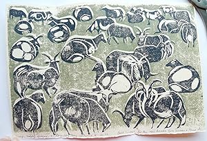 Seller image for Happy Christmas and New Year. Linocut titled 'Sheep safely grazing and long may they continue to do so for sale by Roe and Moore
