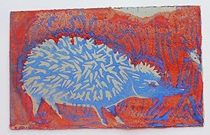 Seller image for Happy Christmas and New Year.Linocut of a Hedgehog printed in blue with a red background. for sale by Roe and Moore