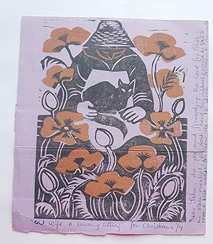 Seller image for Happy Christmas and New Year. Linocut titled Old Wife a sunning Sitting for sale by Roe and Moore