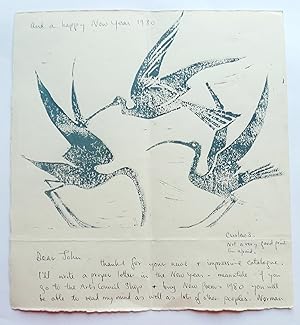 Seller image for Happy Christmas and New Year card.Linocut of Curlews for sale by Roe and Moore