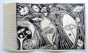 Happy Christmas and New Year.Large linocut of flowers printed in black ink.