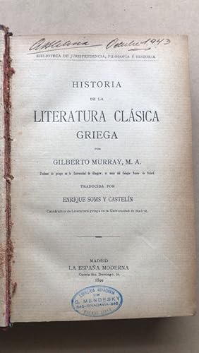 Imagen del vendedor de Historia de la literatura clasica griega a la venta por International Book Hunting