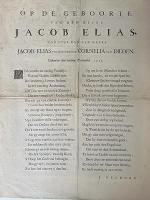 Plano printed publication 1735 | Op de geboorte van den heere Jacob Elias, zoontje van Jacob Elia...