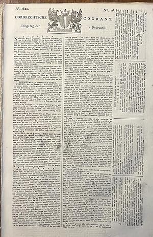 Newspaper Dordrecht 1822 | Dordrechtsche courant 5 februari 1822, no 16, Blussé & Comp Dordrecht,...