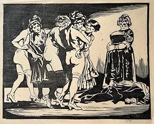 Woodcut on thin Japanese ricepaper | Death and naked women near a dead body / De dood en naakte v...