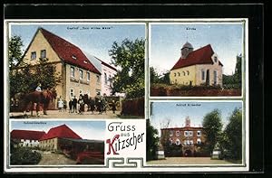 Ansichtskarte Kitzscher, Gasthof zum wilden Mann, Schloss, Kirche