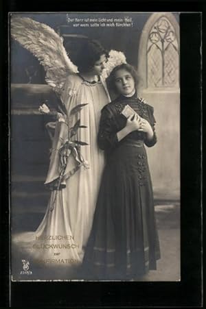 Bild des Verkufers fr Ansichtskarte Hbsches Mdchen im schwarzen Kleid mit Engel nach der Konfirmation zum Verkauf von Bartko-Reher