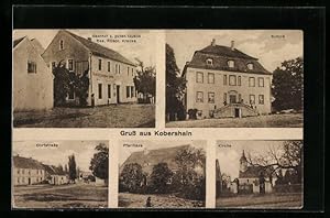 Ansichtskarte Kobershain, Gasthof zur guten Quelle F. Kracke, Strassenpartie, Pfarrhaus