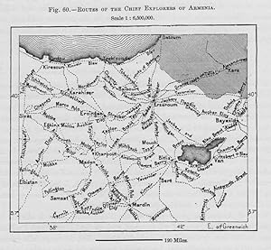 Routes of the Chief Explorers of Armenia,1882 Antique Intext Map