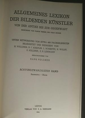 Bild des Verkufers fr Allgemeines Lexikon der bildenden Knstler von der Antike bis zur Gegenwart. Achtundzwanzigster Band: Ramsden - Rosa. zum Verkauf von ANTIQUARIAT Franke BRUDDENBOOKS