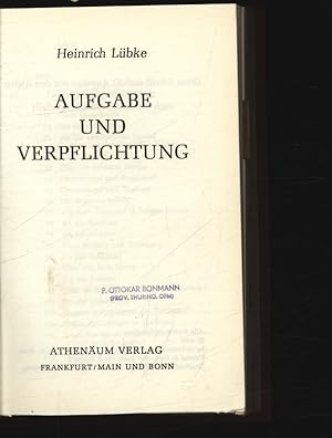 Bild des Verkufers fr Aufgabe und Verpflichtung. zum Verkauf von Antiquariat Bookfarm