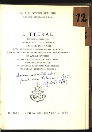 Bild des Verkufers fr Litterae circ. quibus nuntiatur. . . loannes XXIII. . . 16 aprl. 1209-1959. . . zum Verkauf von Antiquariat Bookfarm