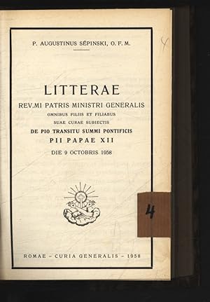 Bild des Verkufers fr Litterae Rev. mi Patris Ministri Generalis. . Pii Papae XII die o Octobris 1958. zum Verkauf von Antiquariat Bookfarm