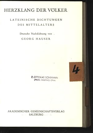 Imagen del vendedor de Herzklang der Vlker. Lateinische Dichtungen des Mittelalters. Deutsche Nachdichtung von Georg Hauser. a la venta por Antiquariat Bookfarm