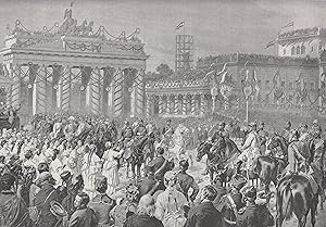 Bild des Verkufers fr Der Siegeseinzug in Berlin am 16. Juni 1871. Ansicht am Brandenburger Tor. Die Ehrenjungfrauen berreichen Kaiser Wilhelm I. einen Lorbeerkranz. zum Verkauf von Antiquariat Hild