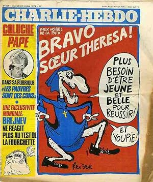 Imagen del vendedor de CHARLIE HEBDO N467 24/10/1979" REISER : BRAVO SOEUR THERESA PRIX NOBEL DE LA PAIX / REISER : A BAS MISS GUERRE a la venta por Mad-Museum