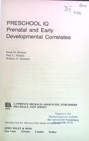 Bild des Verkufers fr Preschool IQ: Prenatal and Early Developmental Correlates. zum Verkauf von books4less (Versandantiquariat Petra Gros GmbH & Co. KG)