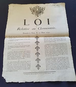 Placard révolutionnaire - Loi relative au Clermontois - Donnée à Paris le 27 Mars 1791 ( Argonne )