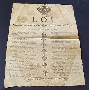 Placard révolutionnaire - Loi relative aux François émigrés , créanciers de l'Etat - Donnée à Par...