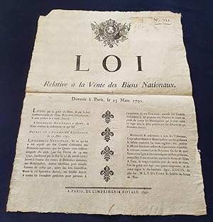 Placard révolutionnaire - Loi relative à la vente des Biens Nationaux - Donnée à Paris le 25 Mars...