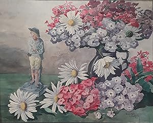 Stillleben von 1931 mit Blumen und Figurine, signiert