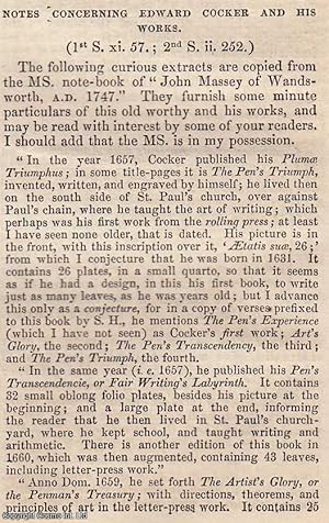 Bild des Verkufers fr Edward Cocker and His Works (Arithmetic, etc). An original article from the Notes and Queries journal, 1856. zum Verkauf von Cosmo Books